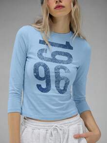 COUREZ Long Sleeve Jersey Top With Front Graphic Print /Y2K Long Sleeve Tops Going Out Tops Women Tops Winter Clothes For Women Blue Top Graphic Tees Women Cute Tops Summer Tops Summer Outfits - Baby Blue - View 8