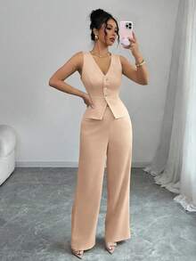 Elenzga Bộ vest và quần không tay thanh lịch dành cho nữ, kiểu dáng công sở/đi làm, mùa hè. - Màu Khaki - Xem 6