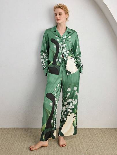 Ocili 女士丝滑缎面豹纹印花舒适宽松翻领贝壳纽扣长袖睡衣套装