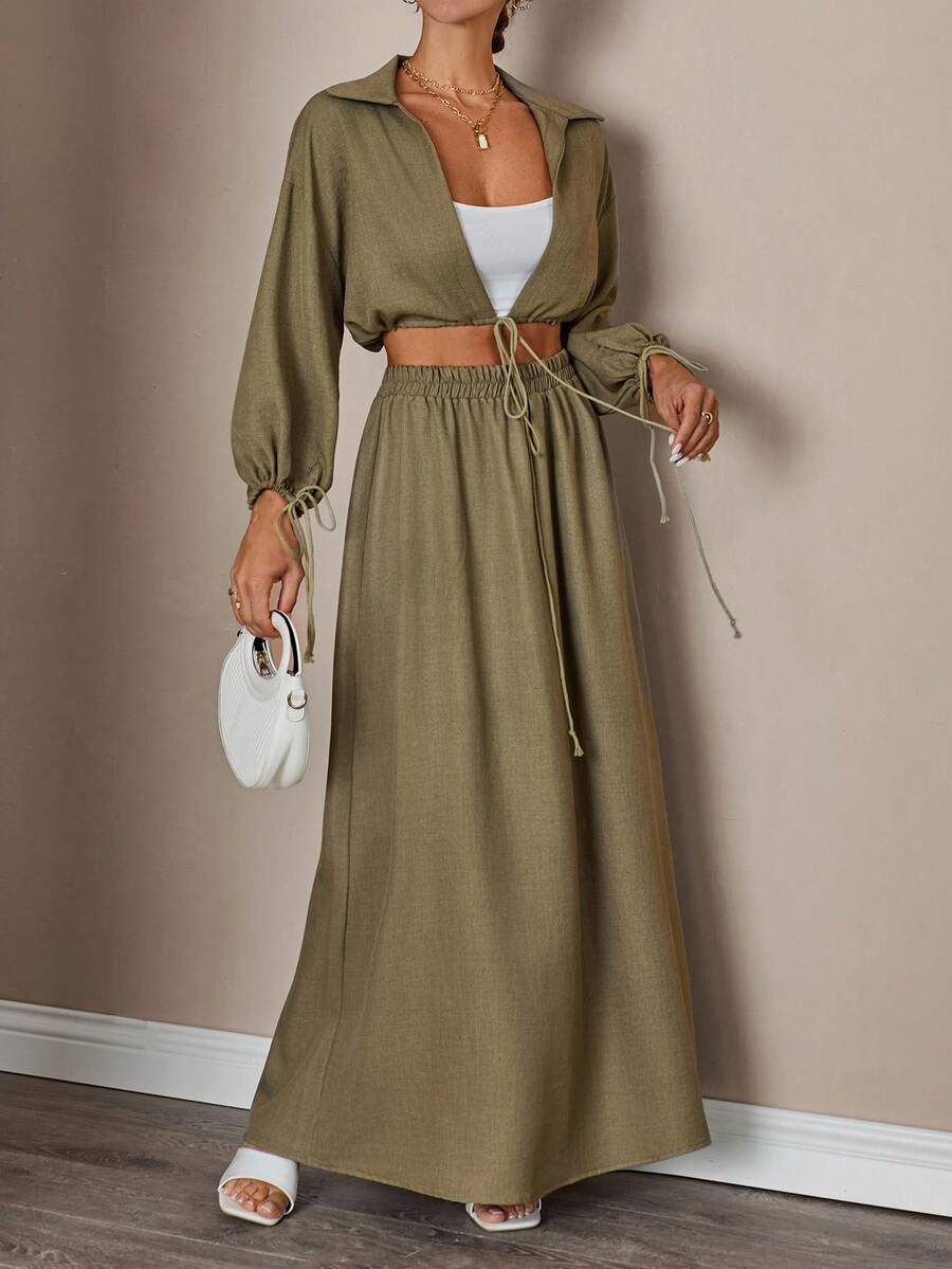 RueChic Bộ đồ hai mảnh dành cho nữ, tay phồng, dáng rộng, màu trơn. - Màu xanh Ô liu - Xem 1