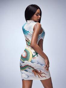 Y2Kool BiGraphic Multicolor Oriental Dragon & Cloud Pattern Cheongsam Style Hollow-Out Sexy Y2K Streetwear Mini Bodycon Dress, Suitable For Spring/Summer Parties, Holidays, Chinese New Year - Multicolor - View 2