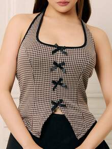 Criza Taa 秋季新款蝴蝶结挂脖背心，棕色秋季上衣，格子，基本款 - 咖啡棕 - 查看 6