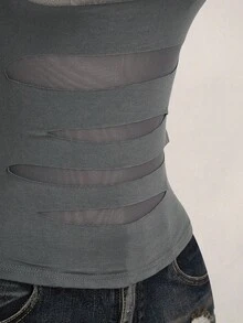 SHEIN ICON Plus Size Y2K Sheer Distressed Sexy Camisole Top, Going Out Tops - Dark Grey - View 10