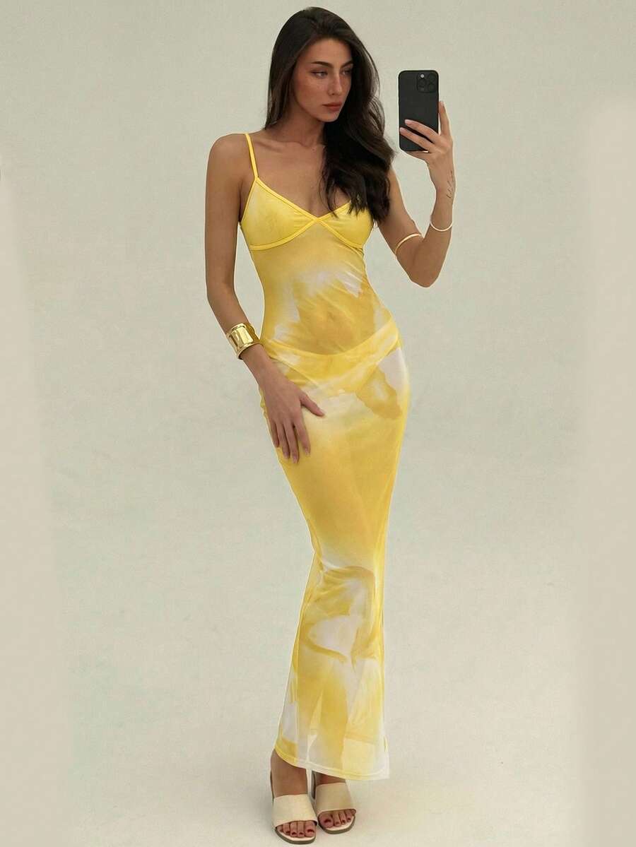 Aloruh Elegant Floral Print Cami Dress, Casual & Party Wear - Pale Yellow - View 1