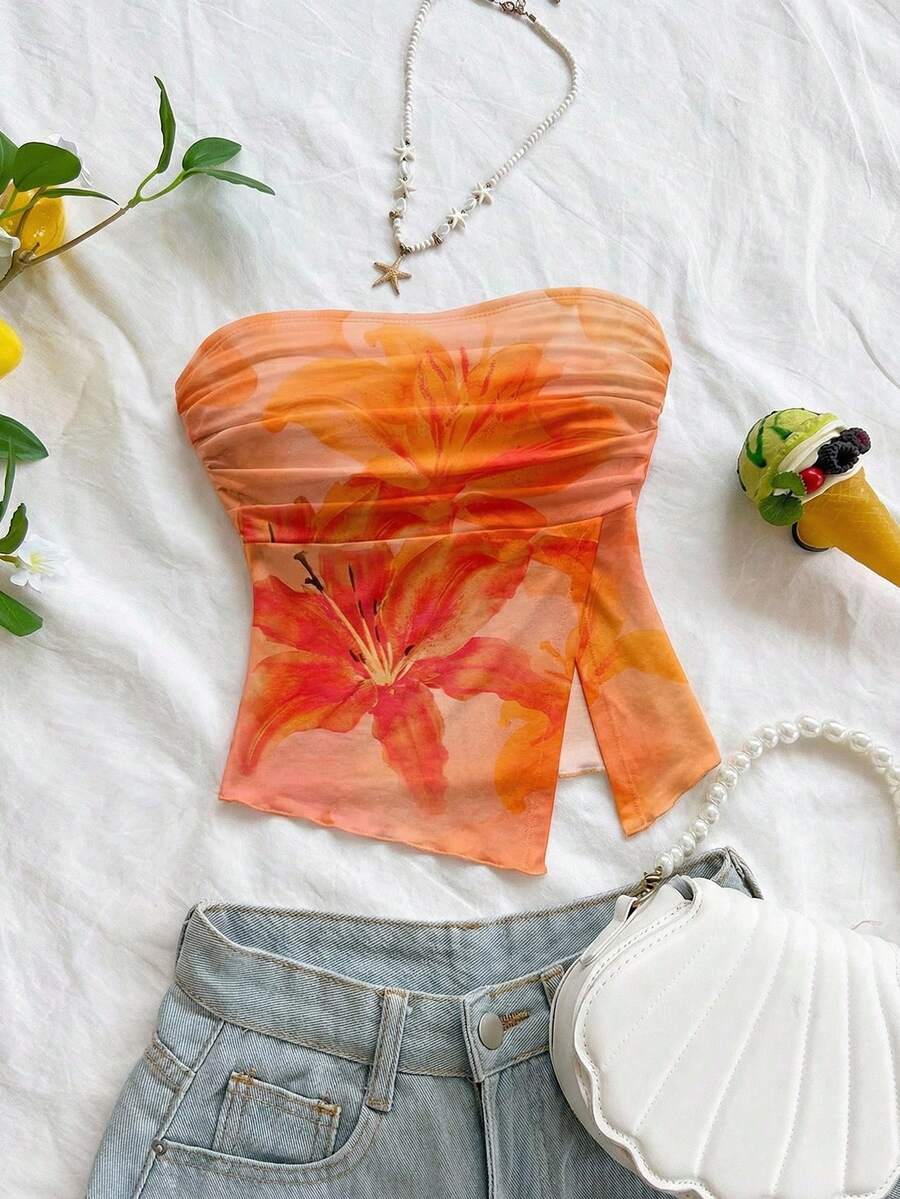 Firerie Áo ống xếp ly màu vàng thanh lịch, lãng mạn, thích hợp cho nữ, phù hợp cho các bữa tiệc, kỳ nghỉ biển, đi học, hẹn hò lãng mạn, mùa cưới, sinh nhật, mùa xuân/hè. - trắng - Xem 1