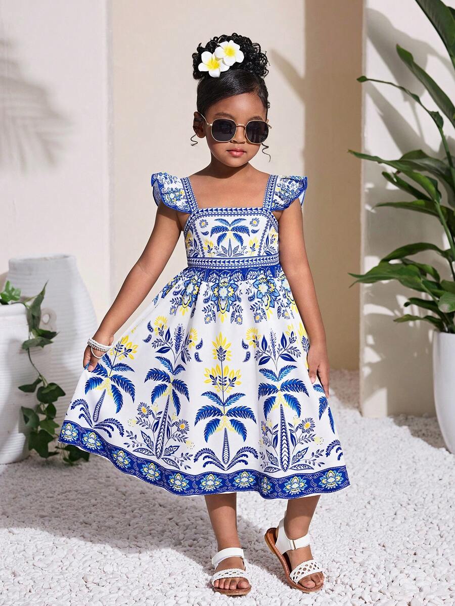 Young Girl Allover Print Casual Everyday Vacation Ruffle Strap Dress - Blue and White - View 1