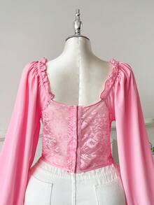 SHEIN EZwear Áo kiểu nữ cỡ lớn tay phồng, phối ren, cổ vuông, có đệm mút, kiểu dáng lãng mạn, thích hợp cho hẹn hò và tiệc tùng, mùa thu/đông. - Hồng - Xem 2