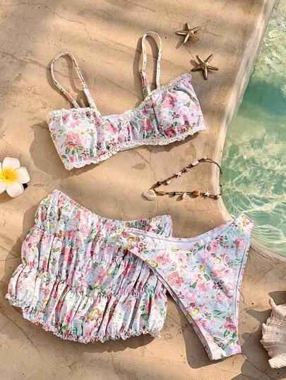Swim Mod Spring/Summer Ditsy Floral Bikini Swimsuit For Women, Cute & Sweet For Beach, Vacation, Date, With Mini Skirt