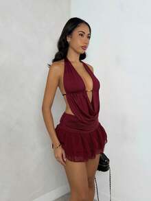 Glamine 两件套红棕色露背吊带性感V领露背无袖不对称迷你裙套装，春季服装，节日派对嘉年华套装，街头服饰，女士夜店套装，约会之夜套装，女士生日套装，优雅高贵，派对必备，复古风，都市舒适，街头时尚，缎面毕业礼服，复古时尚，露背上衣套装，情人节套装 - 紅木色 - 查看 5