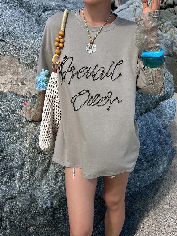 Women's Letter Beaded Decor Round Neck Drop Shoulder Loose Casual T-Shirt
