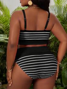 Slaydiva Bộ đồ bơi đi biển cỡ lớn 2 món, áo tankini vải kẻ sọc có dây đeo điều chỉnh được. - màu đen - Xem 2