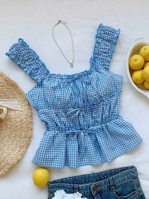 Comfortcana Nueva llegada Primavera/Verano Blusa casual de mujer con estampado de cuadros, decoración de lazo y volantes, Conjunto de verano para mujer, Blusas elegantes para vacaciones, Estilo Y2K 2000s