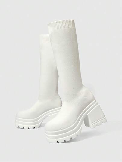ROMWE Grunge Punk Fall/Winter 2025 New Arrival Women's Knitted Elastic White Over-The-Knee Boots With Thick High Heels And Lightweight Platform Sole