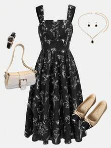 SHEIN Girlism Kids Teen Girl Woven Floral Pattern Square Neck Backless Wide Strap Dress Dress Vintage Black Dress Dress Summer Cute Clothes Cute Black Dress Dress Girl Cute Dress - Black - View 1