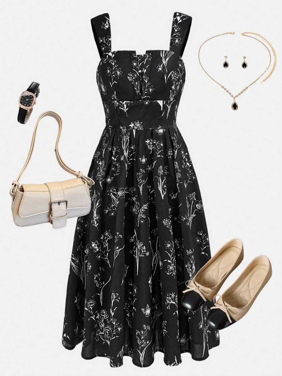 SHEIN Girlism Kids Teen Girl Woven Floral Pattern Square Neck Backless Wide Strap Dress Dress Vintage Black Dress Dress Summer Cute Clothes Cute Black Dress Dress Girl Cute Dress - Black - View 1
