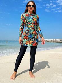 Swim Mulvari Women's Tropical Floral Ruched Burkini Two-Piece Dress & Pants Full Coverage Swimsuit, Spring/Summer - Multicolor - View 1