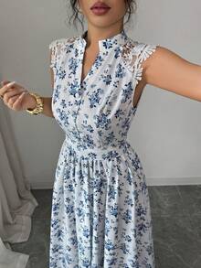 Rafferiza Vestido elegante de mujer con cuello en V, estampado floral diminuto y encaje en contraste, adecuado para vacaciones - Beis - Ver 4