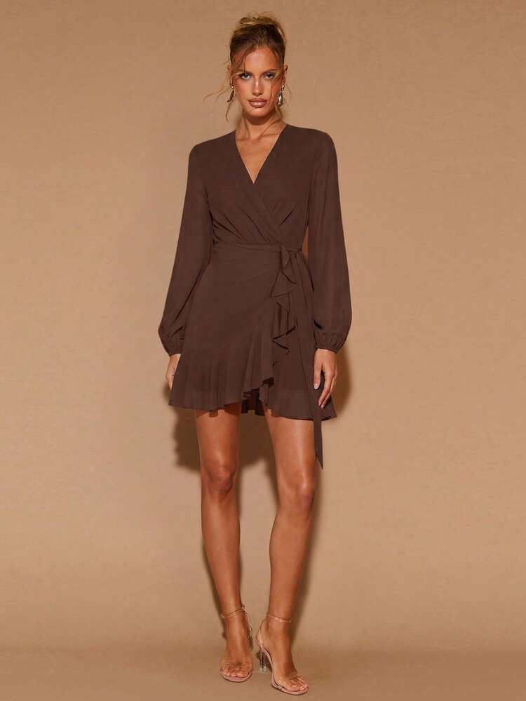 COSMINA Vestido Curto Elegante de Manga Longa em Chiffon Fluido com Bainha Plissada, Versátil para Ir ao Trabalho, Escritório, Passeio, Praia, Encontro, Dia dos Namorados - Café - Visão 1