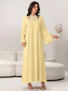 Yasmyna Vestido con cuello de corbata de encaje floral elegante, manga acampanada, primavera/verano - Amarillo - Ver 7