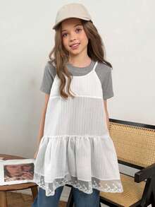 DAZY Tween Girl Solid Color Round Neck Short Sleeve T-Shirt And Ruffle Hem Camisole Dress Casual 2-Piece Set - Grey - View 5