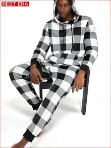 Bộ đồ ngủ nam bằng vải nỉ kẻ caro Giáng sinh 2 món, thích hợp cho mùa Thu/Đông. - Đen và trắng - Xem 5
