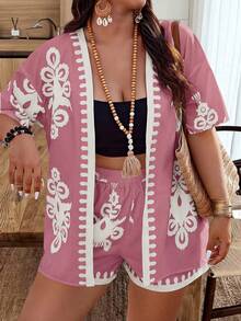SHEIN Clasi Random Print Plus Size Women Cardigan & Shorts 2 Pieces Set - Multicolor - View 1