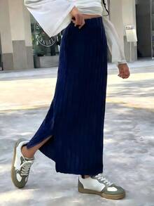 SHEIN Tween Girls' Casual Elegant Slit Skirt - Navy Blue - View 5