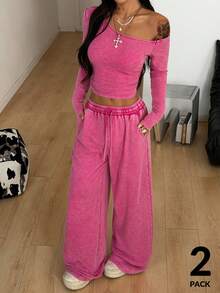 Coolane Spring Clothes Women Daily Wear Essentials Knit Stretchy Comfy Asymmetrical Rose Red Neck Long Sleeve Tops And Wide Leg Sweatpants Tracksuit Two Pieces Outfits - Hot Pink - View 3