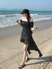 DAZY 女士黑色波点露肩不对称中长连衣裙吊带裙夏季波西米亚风度假装扮 - 黑色 - 查看 4