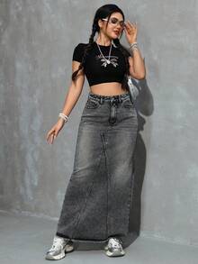 SHEIN Jeanoir Falda midi de mezclilla casual/de trabajo de cintura alta con bolsillos para mujer - Gris - Ver 6