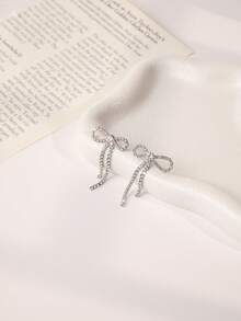 Enchnt 1 Pair Elegant Bowknot With Tassel Earrings, Suitable For Women's Daily Wear Valentines,Mom,Mother,Mother's Day,Gift - Silver - View 4