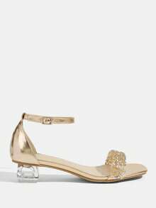 CUCCOO TILAWA 女士时尚透明异形粗跟镶钻凉鞋，方头亮面绑带高跟凉鞋，舒适直跟宴会日常女士凉鞋 - 香檳色 - 查看 9