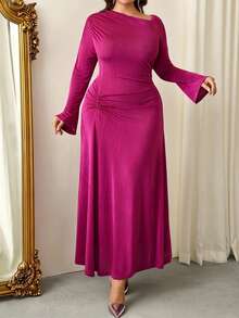 Firerie Plus Size Elegant Formal Blush Pink Autumn Dress For Women,Wedding Ninang,Ruched Flare Long Sleeve,Tummy Flattering,Curvy Office Party Valentine's Day - Hot Pink - View 6