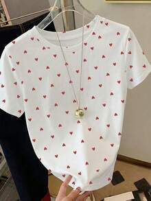 Resyla Áo thun nữ ôm dáng, 100% cotton, in hình trái tim chấm bi đỏ trắng dễ thương, thích hợp cho mùa hè, thời trang, đẹp mắt, quà tặng cho anh chị em, quà tặng cho mẹ, quà tặng Ngày của Mẹ, áo thun thường ngày và thời trang. - trắng - Xem 3