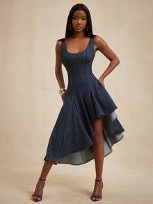 NYA SZN 女士条纹荷叶边不对称下摆优雅收腰牛仔派对连衣裙 - 深色水洗藍 - 查看 4