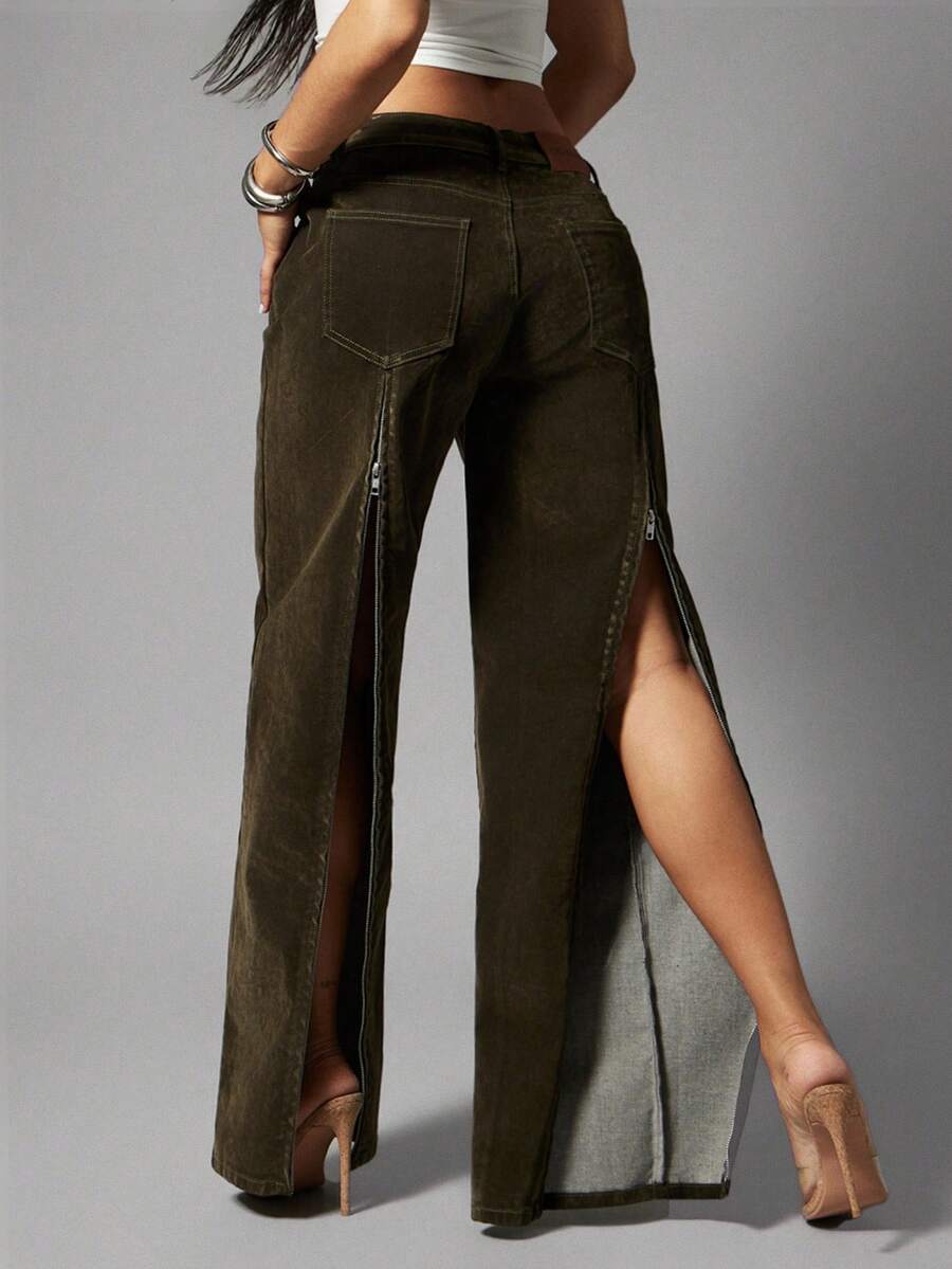 Denimoi Quần jeans ống đứng chất liệu denim nhung, khóa kéo phía sau, phong cách đường phố thời thượng, cá tính và gợi cảm. - xanh quân đội - Xem 1