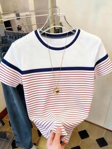 Camiseta de mujer de manga corta con cuello redondo, de estilo casual con parches y rayas - Multicolor 5 - Ver 3