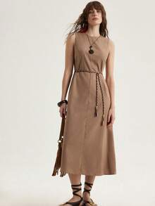 Aveloria Modichic Robe midi décontractée en lin avec décorations de perles et de franges, style mode décontracté Top de gamme, minimaliste et polyvalent pour les vacances - Kaki - Voir 6