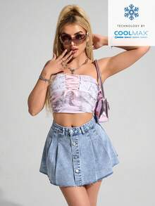 SHEIN ICON Chân váy denim ngắn màu trơn, cài cúc phía trước, xếp ly, có tua rua ở gấu váy, kiểu dáng thường ngày. - Rửa nhẹ - Xem 6