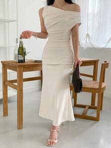 DAZY Women's Wrap Draped Neck Mermaid Hem Skirt 2 Pieces Set - Beige - View 5