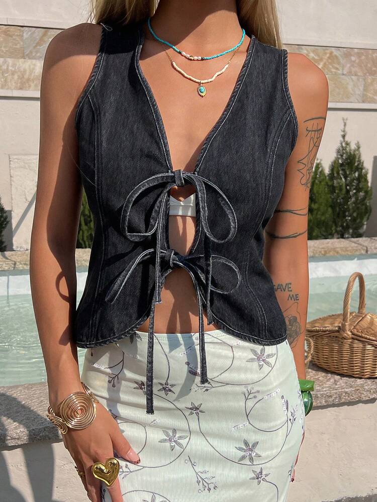 Women's V-Neck Sleeveless Tie-Up Fitted Casual Denim Jacket And Coat, Suitable For Urban And Vacation