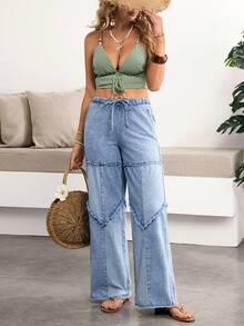 Breezaya Quần jeans nữ ống rộng, cạp chun, có túi, gấu quần rách, kiểu dáng thường ngày, đa năng, thích hợp mặc hàng ngày, quần tây nữ, quần hè nữ, quần công sở, quần ống rộng denim. - Màu xanh lam - Xem 7