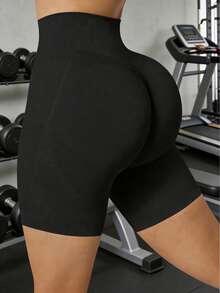 Short deportivo de unicolor, de cintura alta, sin costuras y elástico para hacer ejercicio - Negro - Ver 1