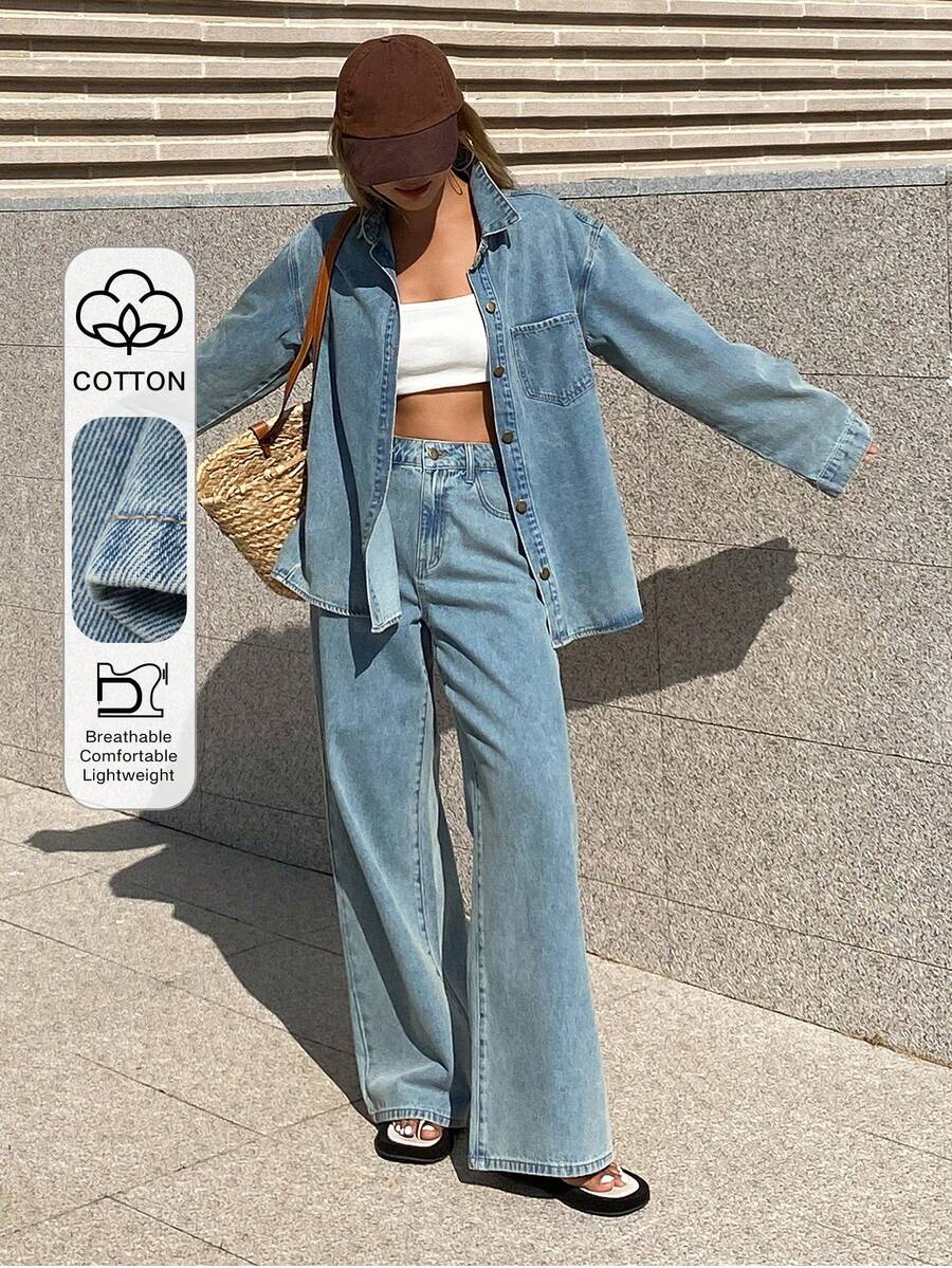 Livesso 女士休闲牛仔外套（带领子和口袋）和裤子套装 - 淺色水洗藍 - 查看 1