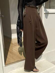 DAZY 女士优雅褶裥休闲裤，适合通勤，春季款 - 咖啡棕 - 查看 1