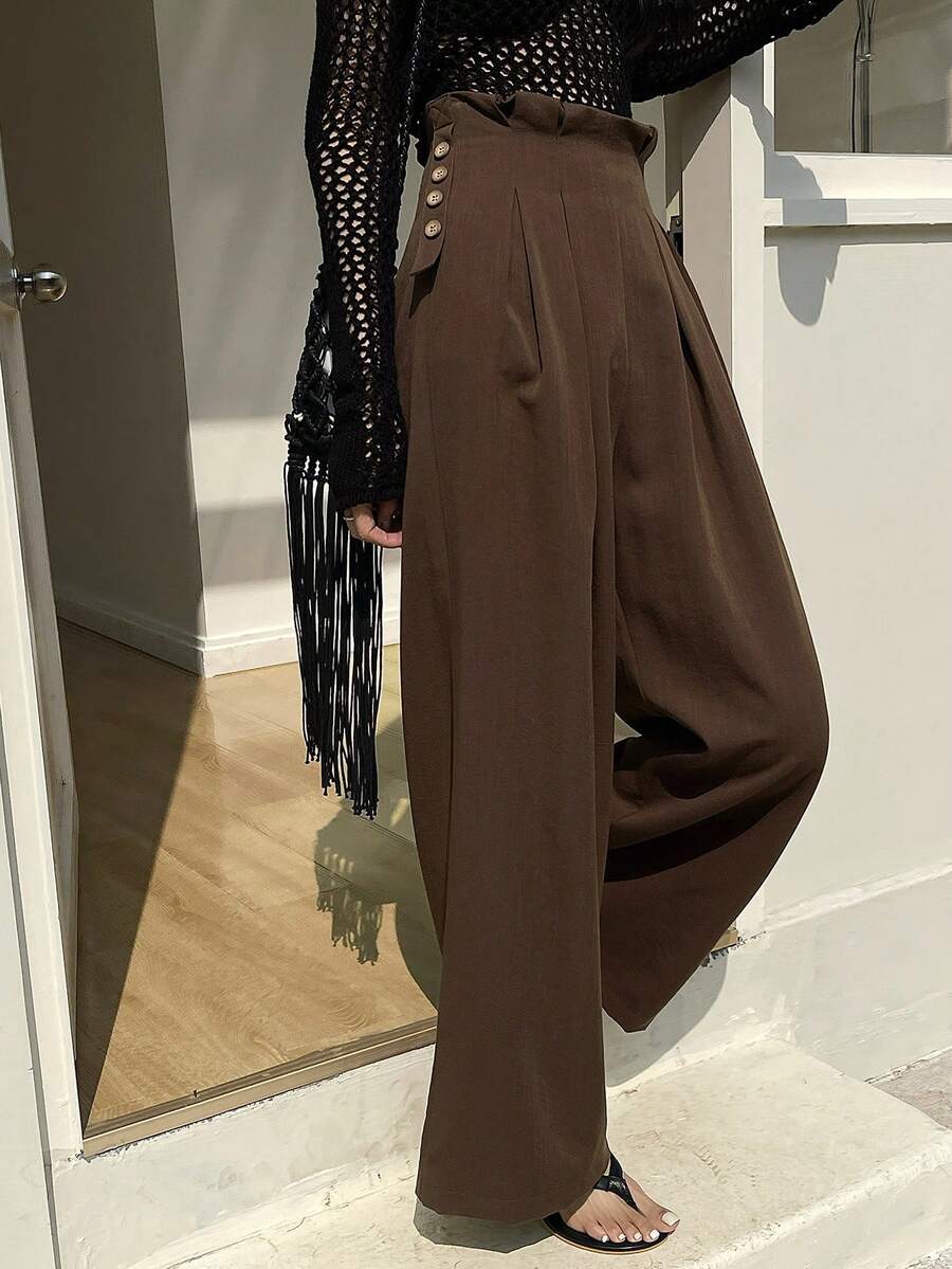 DAZY 女士优雅褶裥休闲裤，适合通勤，春季款 - 咖啡棕 - 查看 1