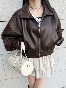 FRIFUL 女士纯色PU皮革落肩长袖拉链休闲外套 - 鏽棕色 - 查看 1