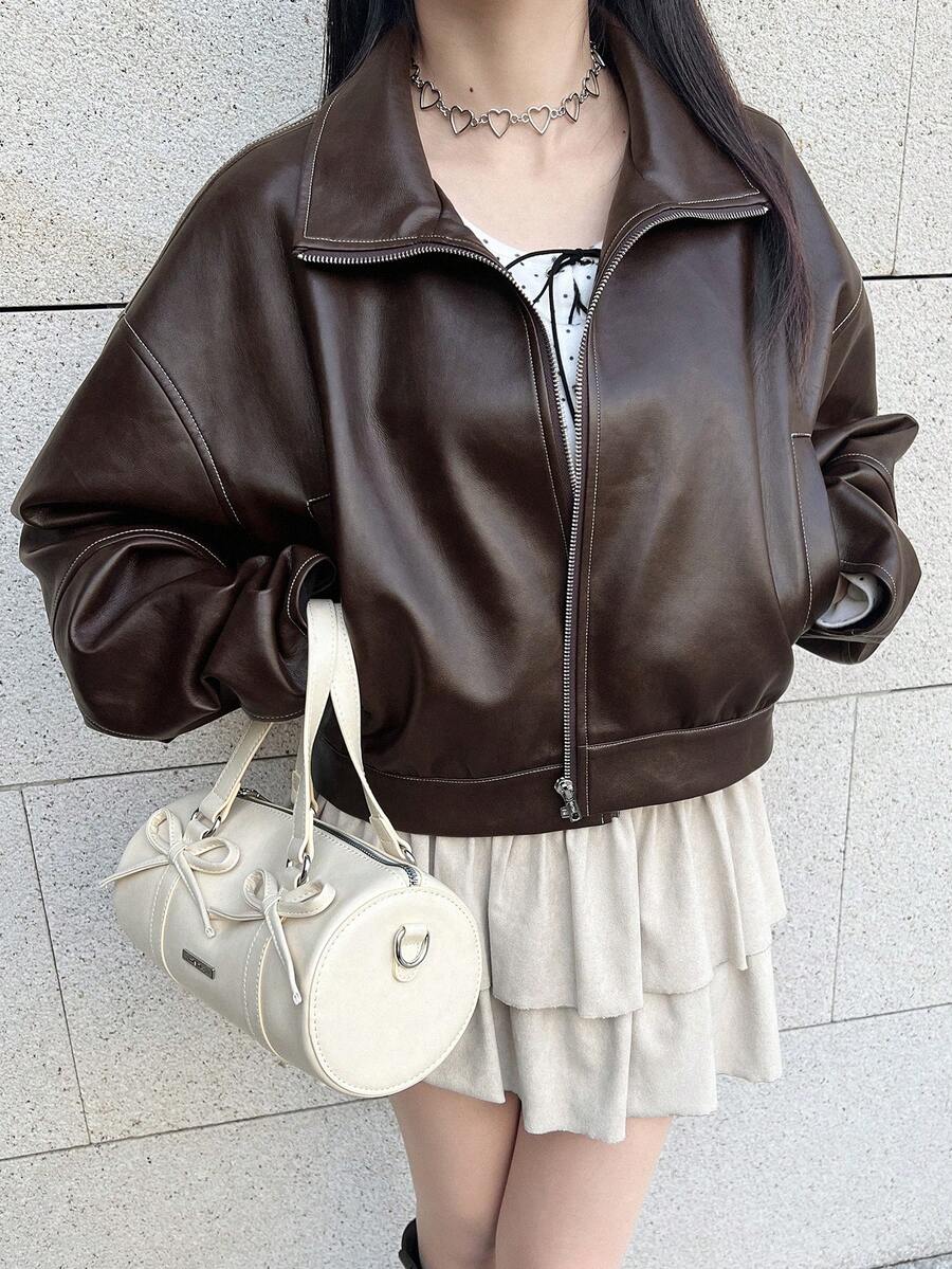 FRIFUL 女士纯色PU皮革落肩长袖拉链休闲外套 - 鏽棕色 - 查看 1