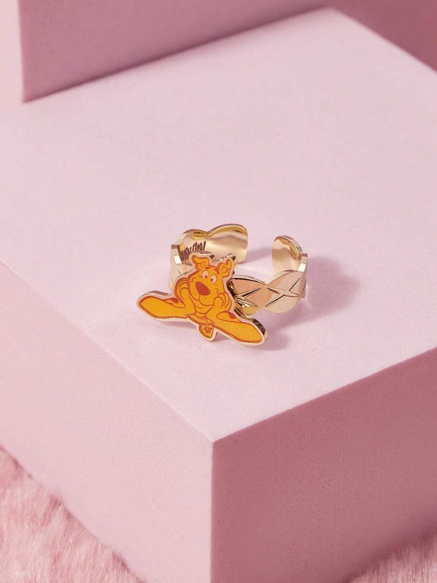 SCOOBY-DOO X SHEIN Anillo abierto de uso diario con diseño de cara de personaje de dibujos animados lindo - Dorado - Ver 1