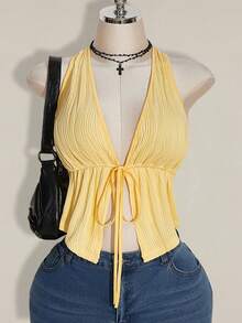 SHEIN ICON 加大码黑色露背系带蝴蝶结针织上衣，前系带蝴蝶结吊带上衣，Y2K 基本款露背上衣 - 淡黃色 - 查看 1